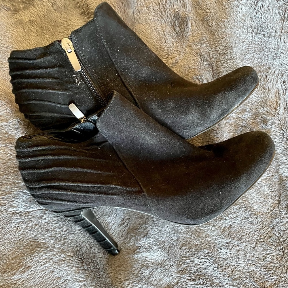 Black suede 4” heel boots in good used condition women size 8.5M